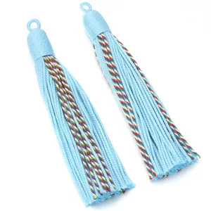 Nordic style decorative curtain tassel pendant detailed view, elegant light blue fringe craft.