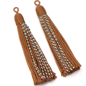 Decorative brown tassel with colorful stripe accent, perfect for curtains and home decor.