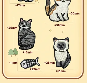 Cute cartoon cat embroidery patches DIY clothing accessories with size details for kids.