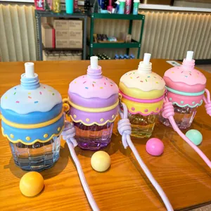Cute cupcake shape water bottle portable straw cup with strap for kids and girls new