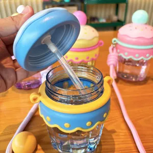Cute cake shaped kids water bottle with straw and lanyard portable design detail view display