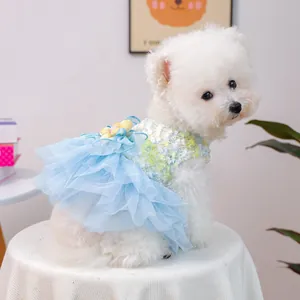 Detailed view of the cute blue mesh floral puppy dress, perfect for small dogs and cute pets.