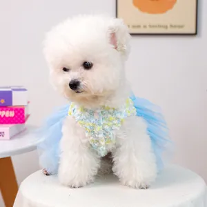 Cute puppy mesh dress detail, multi-layer fluffy tutu skirt for small dogs, floral fairy costume.