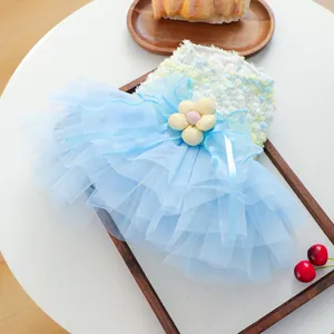 Cute pet mesh tutu dress for small dogs, fluffy tulle skirt with flower decor details.