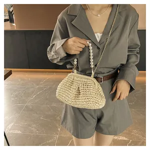 Elegante borsa in paglia intrecciata con manico di perle e catena d'oro, stile vita.