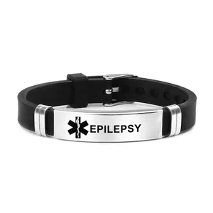 Pulsera de alerta médica de silicona y acero inoxidable con grabado de epilepsia.
