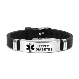 Pulsera de silicona de alerta médica de acero inoxidable para diabetes tipo 2