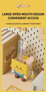 Macro detail of a cute yellow cheese character pen holder featuring a wide top opening for storage