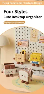 Detail of four cute cartoon food-themed pen holders on a cozy decorated office desk