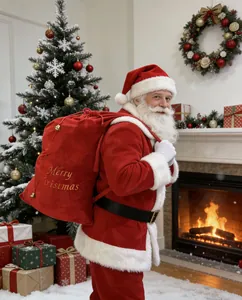 Grosse rote Weihnachts-Samt-Geschenkttuete mit Kordelzug und froehlicher Aufschrift.