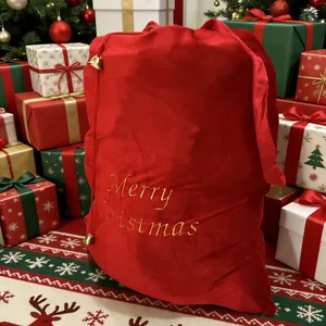 Große Rote Samt Weihnachtsgeschenktüte Frohe Weihnachten Bestickt Kordelzug Geschenkbeutel Feiertag Party Deko