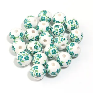 Perline in ceramica bianca con motivo floreale per gioielli fai da te, perle verdi dipinte.