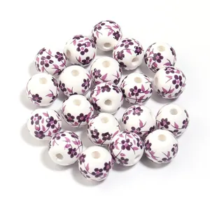 Perline in ceramica rotonde motivo fiori viola fai da te creazione gioielli accessori
