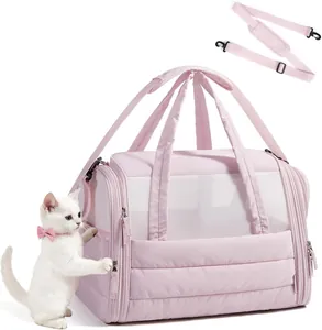Pink quilted soft pet carrier bag for small cats and dogs, foldable handbag with shoulder strap.