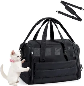 Black quilted soft pet carrier bag with breathable mesh windows for small cats and dogs.