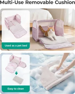 Pink quilted foldable pet carrier bag with removable cozy cushion for small cats and dogs.