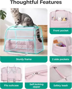 Pink quilted pet carrier bag for cats and dogs with sturdy frame and multi-pockets travel friendly.