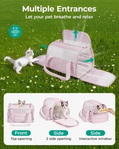 Soft pink quilted pet carrier bag with multiple mesh ventilation windows and convenient entry.