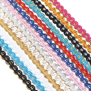 Close-up detail of colorful metallic wavy gimp braid trim, perfect for sewing and craft projects.