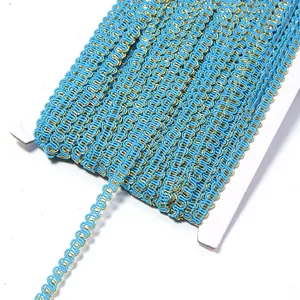 Blue and gold metallic braid trim rickrack wave ribbon for sewing, clothing, and crafts decor.
