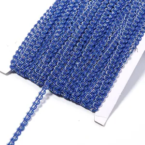Close-up detail of blue and silver ric rac wave trim ribbon wound neatly on a cardboard card.