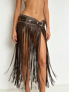 Punk style leather fringe belt detail, dark brown belt with silver metal rivets and buckle.