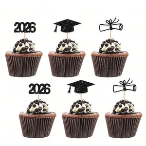 Topper per Cupcake di Laurea 2026 Glitterati Neri Con Tocco e Pergamena Decorazioni per Torte Festa di Laurea Pasticceria