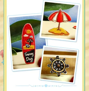 DIY beach embroidery patch set featuring cute surfboard and umbrella iron-on decorative badges.