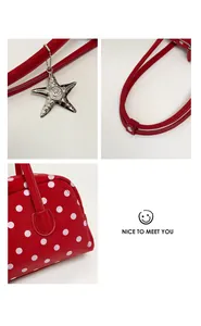 Cute red polka dot pillow handbag with silver starfish charm, stylish tote and shoulder bag.