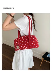 Sweet red white polka dot bowling bag for women, stylish large capacity shoulder handbag.