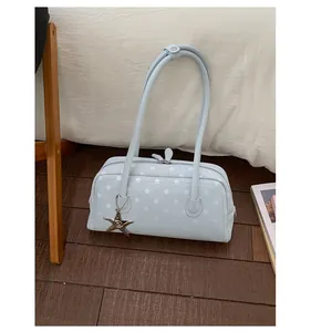 Light blue polka dot underarm bowling bag with cute star pendant for women fashion daily use
