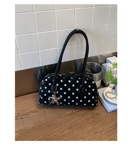 Stylish black and white polka dot bowling bag, trendy large capacity shoulder handbag for women