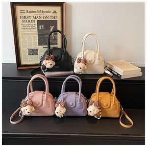 Women fashion bowling handbag crossbody shoulder bag with cute bear charm multi-color