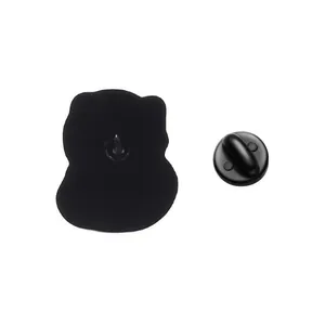 Detailed view of the cute cat enamel pin back, showing secure metal clasp and black finish.