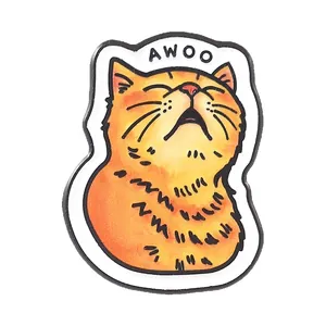Cartoon ginger cat enamel pin badge featuring unique AWOO text design for clothing