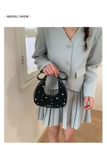 Black quilted women handbag with pearl decoration trendy shoulder bag casual style