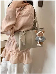 Stylish women's tote underarm bag large capacity commuter shoulder bag with cute bear charm