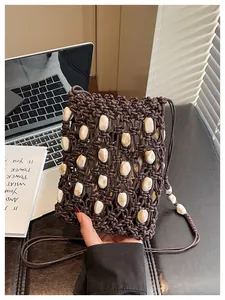 Bohemian hollow beaded mobile phone bag, brown wax rope woven crossbody beach bag for women