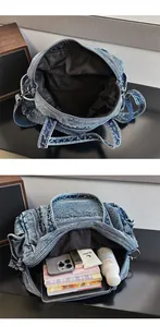 Vintage soft denim tote bag, large capacity casual shoulder bag for women daily commute.