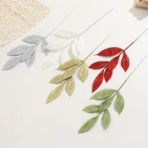 Christmas glitter leaf branches artificial decorative floral picks for tree wreath