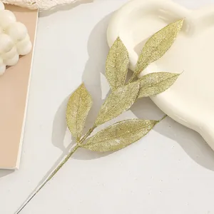 Christmas gold glitter artificial leaf branch 6 leaves floral arrangement decor props.