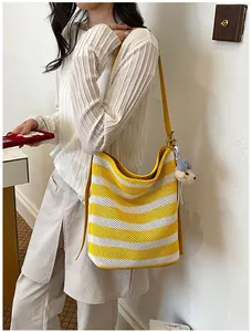 Summer large capacity striped mesh tote shoulder bag casual minimalist crossbody bag for women.