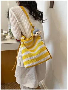 Yellow and white striped woven bucket bag with cute bear charm stylish shoulder crossbody bag