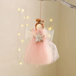Christmas hanging angel doll ornament with pink mesh dress, fluffy collar and cute fairy design.