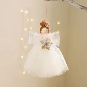 Christmas angel doll ornament with tulle wings and white dress hanging decoration.
