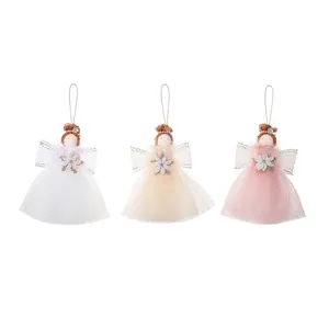 Cute fabric Christmas angel girl hanging ornaments with fluffy tulle skirts for tree decor.
