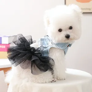 Cute denim tutu dress for small dogs and cats, stylish pet clothes with black mesh skirt.