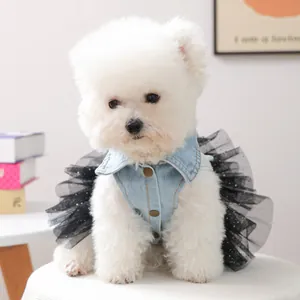 Cute pet dog denim mesh dress, stylish lapel and fluffy tulle skirt for small dogs.