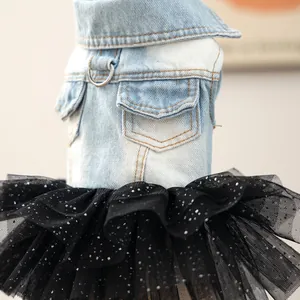 Cute pet denim dress with sparkly black tulle skirt, perfect for small dogs and cats daily wear.