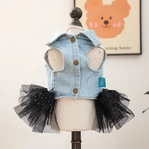 Adorable pet denim dress with black tulle tutu skirt for small dogs and cats, stylish pet apparel.